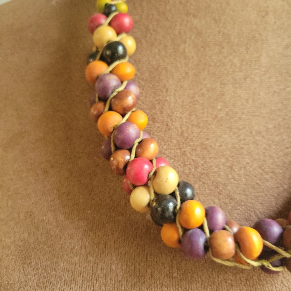 Vintage Multi Color Braided Wood Bead Chunky Statement Necklace 20 In Eclectic - Picture 2 of 4